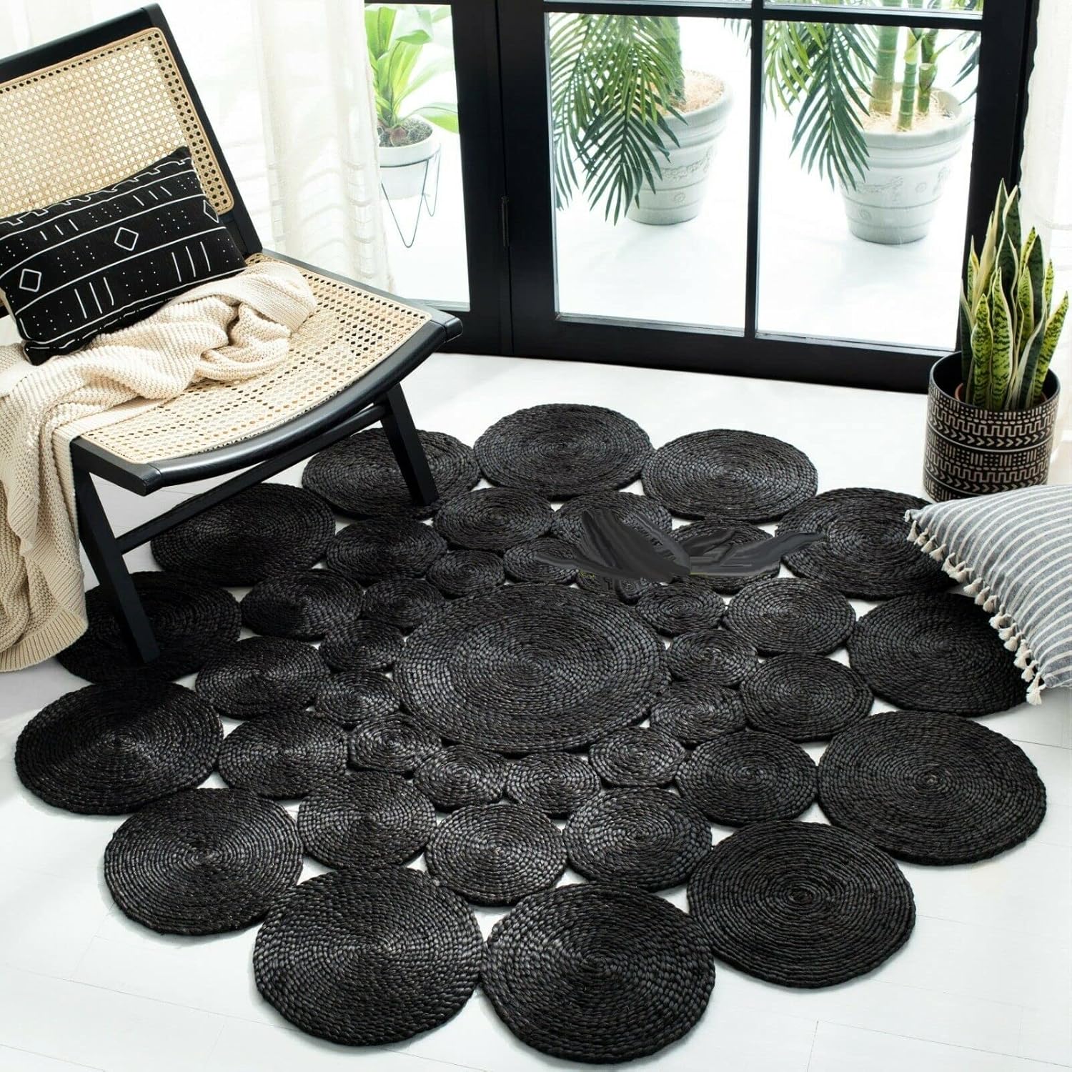 Circle Design Round Natural Jute Handmade Braided Area Rug Living room, Kitchen, Indoor Outdoor Carpet Rug (60x60 CM (2X2 Square Feet), Black)